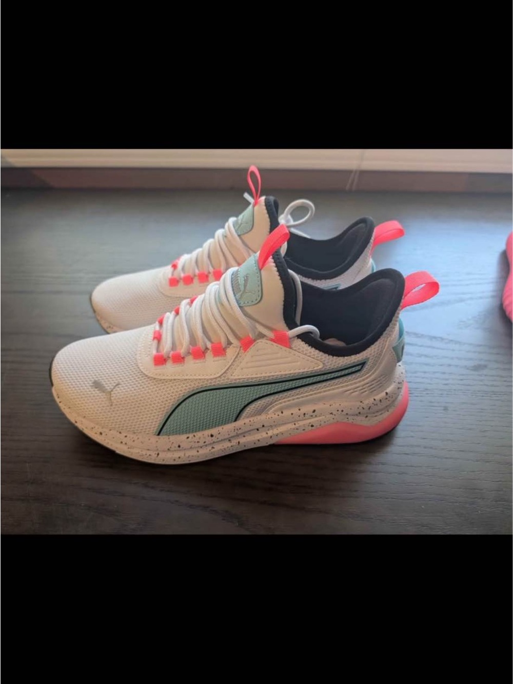 Puma White Sneakers with Aqua Formstripe and Neon Pink Accents